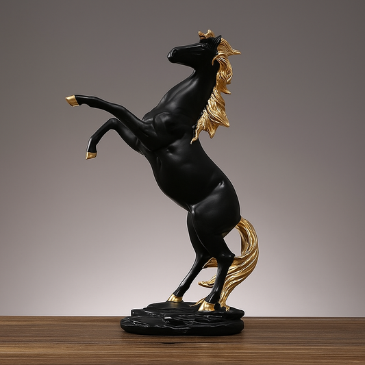 Majestic Équilibre – Black & Gold Horse Sculpture
